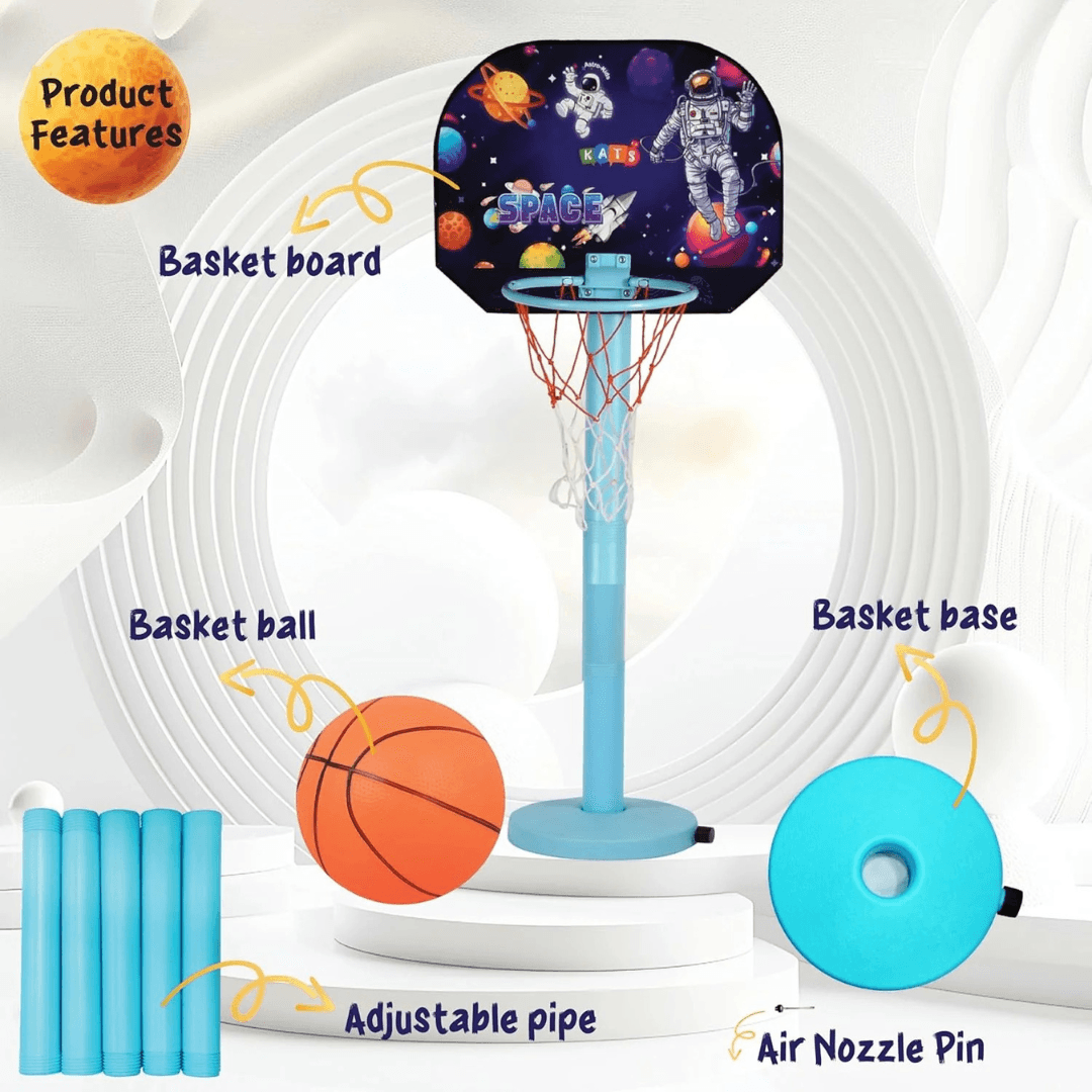 Space Basketball Set for Kids | 5-Level Adjustable Height with Stand & Ball Indoor & Outdoor Sports Toy for Ages 2+ | Easy Setup | Ideal Birthday Gift - Timbuktoon