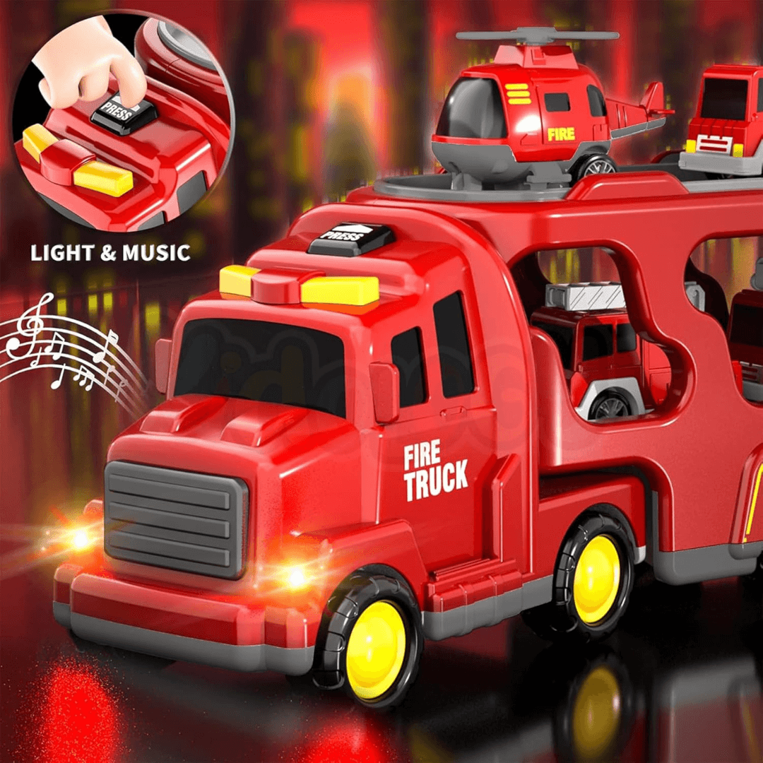 5-in-1 Push-and-Go Fire Rescue Vehicle Set with Lights & Music – Educational Transport Carrier Toy for Boys & Girls - Timbuktoon