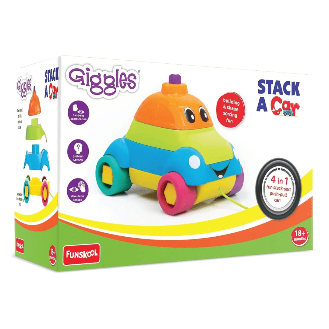 Giggles - Stack A Car, 2 in 1 Pull Along Toy, Walking, Shape Sorting, Pretend Play, 12 Months & Above, Infant and Preschool Toys, Multicolour - Timbuktoon