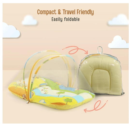 Luv Lap LuvLap Baby Mattress with Mosquito Net, Thick Base Bedding Set with Soft Pillow and Zip Closure, Suitable for Babies 6 Months+, Fun Cars Print Design, Size 75x40x40 cm Multicolor - Timbuktoon