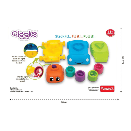 Giggles - Stack A Car, 2 in 1 Pull Along Toy, Walking, Shape Sorting, Pretend Play, 12 Months & Above, Infant and Preschool Toys, Multicolour - Timbuktoon