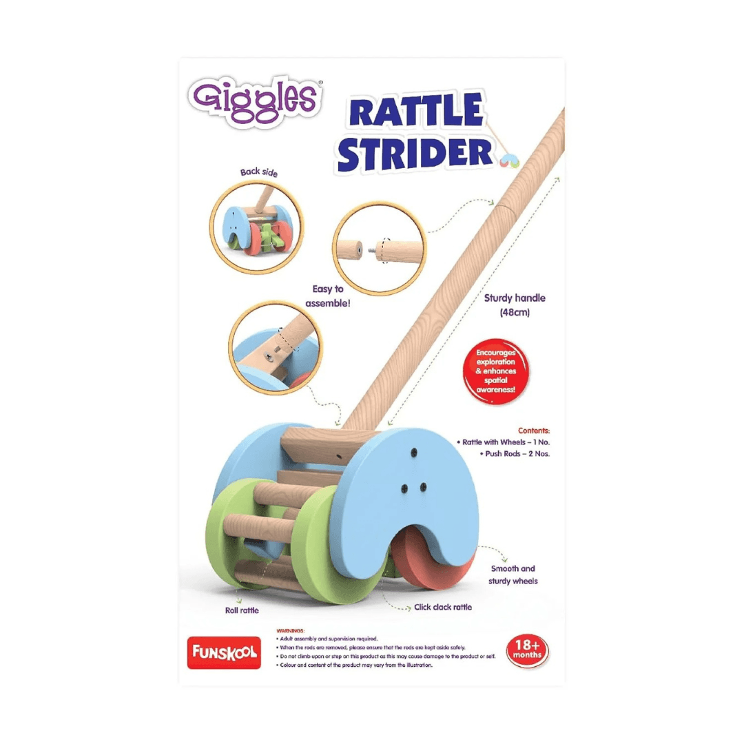 Funskool Giggles Rattle Strider Wooden,Push Along Toy, with Detachable Handle, Ideal for Toddlers, Playful Kid Toy, 18months and Above - Timbuktoon