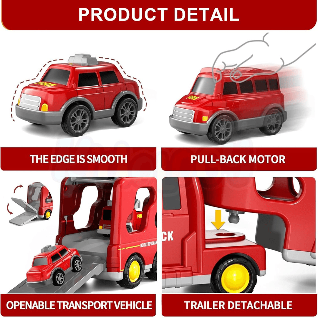 5-in-1 Push-and-Go Fire Rescue Vehicle Set with Lights & Music – Educational Transport Carrier Toy for Boys & Girls - Timbuktoon