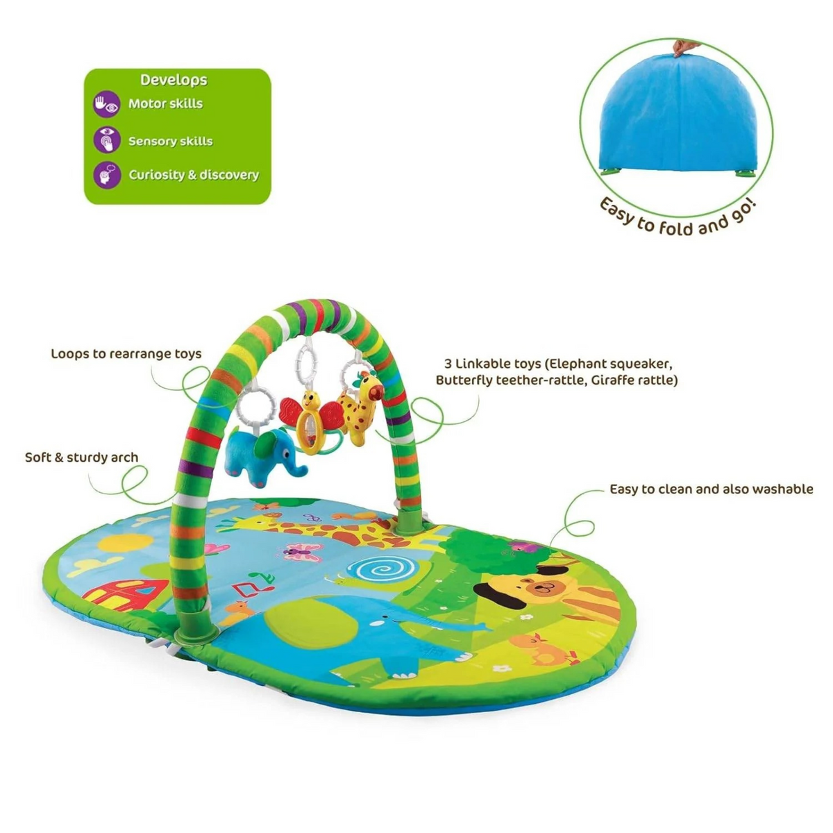 Giggles Funskool 3in1 Deluxe Playgym, Animal Printed Soft & Comfy Activity Mat for Tummy Time, Fun & Development Toy for Babies, Infants, Multicolour, Gift Set for Kids, Age 2+ Months