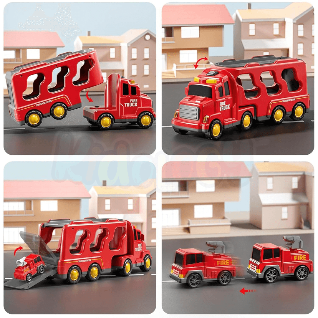 5-in-1 Push-and-Go Fire Rescue Vehicle Set with Lights & Music – Educational Transport Carrier Toy for Boys & Girls - Timbuktoon