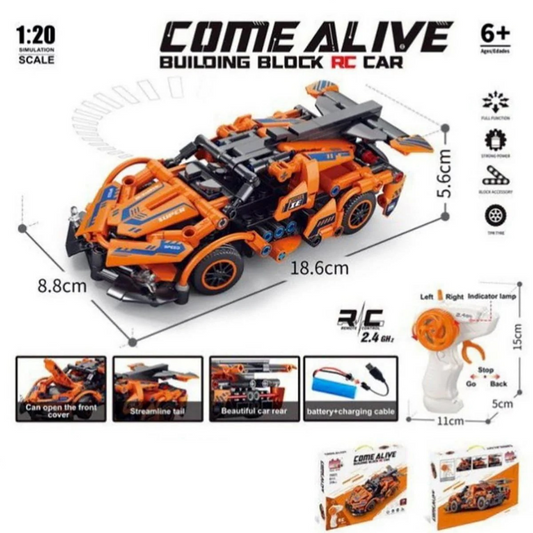 Joy Junction RC Building Block Car Kit – 2.4GHz Rechargeable Remote Control Racing Car with Openable Doors | DIY STEM Model Kit Toy for Kids 6+ (Orange)