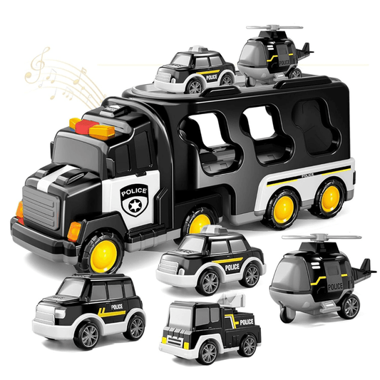 Multi-Functional 5-in-1 Friction-Powered Police Truck with Lights & Music – Montessori Learning Carrier Toy for Children Ages 3 and Up - Timbuktoon