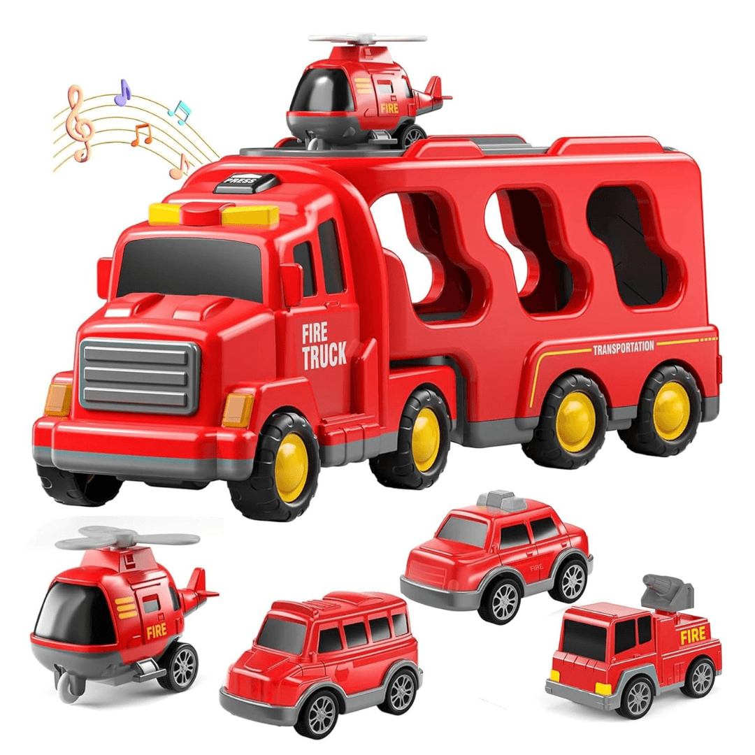 5-in-1 Push-and-Go Fire Rescue Vehicle Set with Lights & Music – Educational Transport Carrier Toy for Boys & Girls - Timbuktoon
