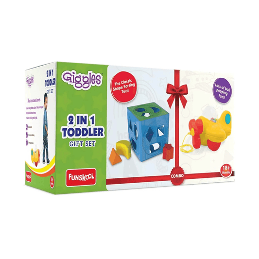 Giggles- 2 in 1 Toddler Multicolour Giftset,Shape Sorting Cube and Aeroplane Pull Along Toy, Develops Motor Skills,18 Months and Above, Infant & Pre-School Toys - Timbuktoon