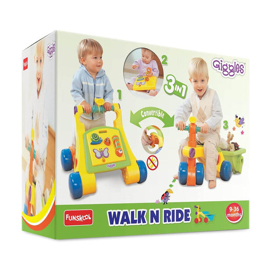 Giggles Funskool Walk N Drive, 3in1 Fun & Development Activity Toy for Babies, Encourage Walking, Improve Balance & Coordination, Stimulate Senses, Multicolour, Gift Set for Kids, Ages 9+ Months - Timbuktoon