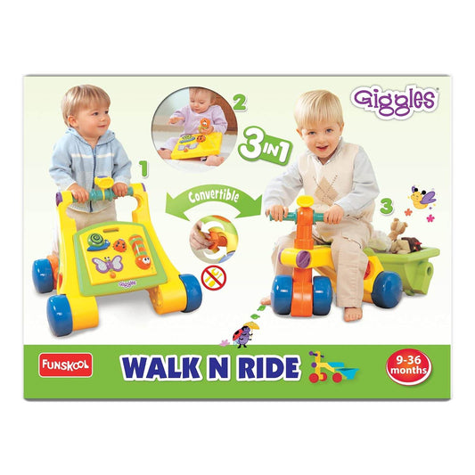 Giggles Funskool Walk N Drive, 3in1 Fun & Development Activity Toy for Babies, Encourage Walking, Improve Balance & Coordination, Stimulate Senses, Multicolour, Gift Set for Kids, Ages 9+ Months - Timbuktoon