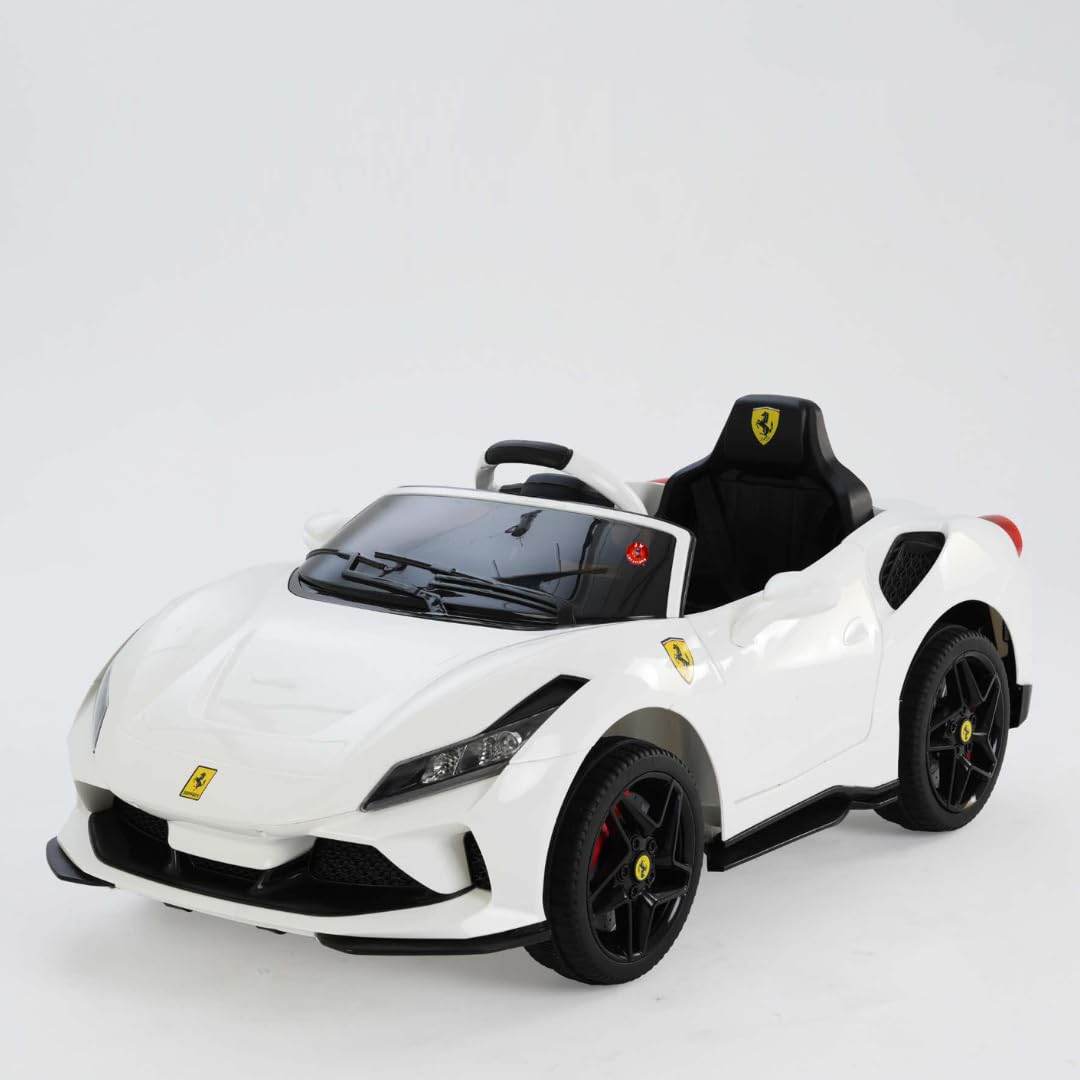 Toy House 127 7.6A Sports Ride-On Car for Kids – White Stylish battery-powered car with Bluetooth music, LED lights, remote control & 2 opening doors. A fun and feature-packed ride for little drivers! - Timbuktoon