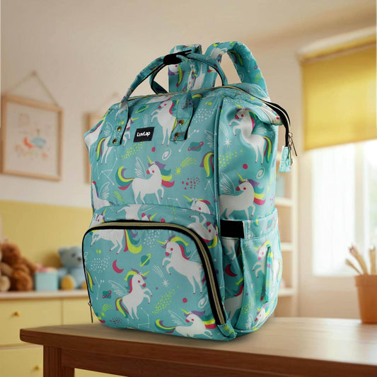 LuvLap Multifunctional Waterproof Diaper Bag for Mothers for Travel, Mother Travel Bag, Premium Oxford Waterproof Material, Large storage capacity with 15 pockets, Green Unicorn (all over print) - Timbuktoon