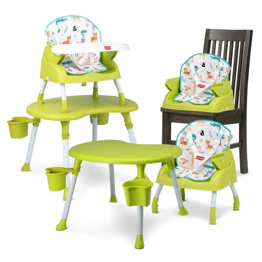 Multi-Stage Baby Chair – 4-in-1 High Chair, Low Seat, Booster & Table – Soft Print Cushion, Safety Straps, Removable Tray – Green, 6M+ - Timbuktoon