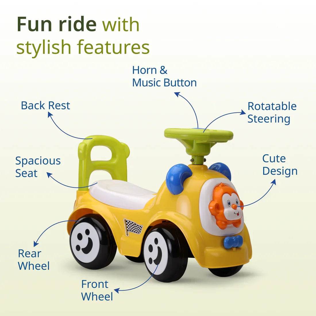 Sunny Ride on & Car for Kids with Music & Horn Steering, Push Car for Baby with Backrest, Safety Guard, Under Seat Storage & Big Wheels, Ride on for Kids 1 to 3 Years Upto 25 Kgs (Yellow) - Timbuktoon