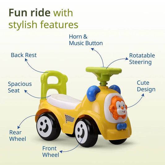 Sunny Ride on & Car for Kids with Music & Horn Steering, Push Car for Baby with Backrest, Safety Guard, Under Seat Storage & Big Wheels, Ride on for Kids 1 to 3 Years Upto 25 Kgs (Yellow) - Timbuktoon
