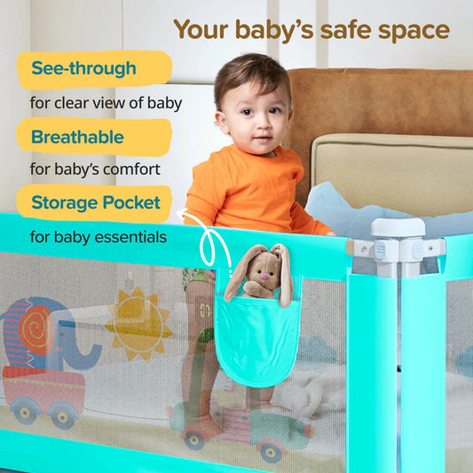 Comfy Baby Bed Rail Guard (6 ft x 2.3 ft), 180cmx72cm, Bed Rails for Baby & Toddler Safety, Portable, Adjustable Height, Single Side Bed Rail, Pack of 1, Printed Green - Timbuktoon