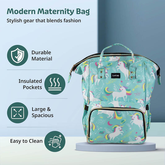 LuvLap Multifunctional Waterproof Diaper Bag for Mothers for Travel, Mother Travel Bag, Premium Oxford Waterproof Material, Large storage capacity with 15 pockets, Green Unicorn (all over print) - Timbuktoon