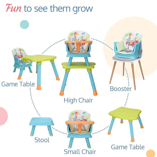 LuvLap Multifunctional 6-in-1 Baby High Chair – Booster, Toddler Seat, Table & Stool – Adjustable Design with 5-Point Safety Belt – 6 to 36 Months – Green/Blue - Timbuktoon