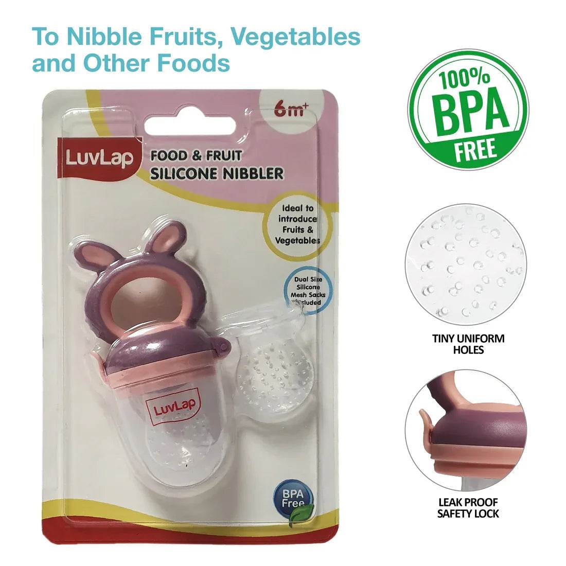 LuvLap Multi-Function Silicone Feeder & Teether | Extra Mesh Included | Soft Pacifier for Babies | Bunny Violet/Pink - Timbuktoon