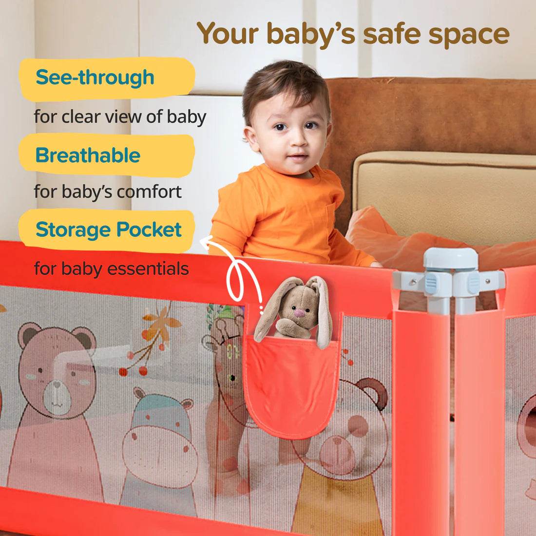 Comfy Baby Bed Rail Guard (6 ft x 2.3 ft), 180cmx72cm, Bed Rails for Baby & Toddler Safety, Portable, Adjustable Height, Single Side Bed Rail, Pack of 1, Printed Pink New - Timbuktoon