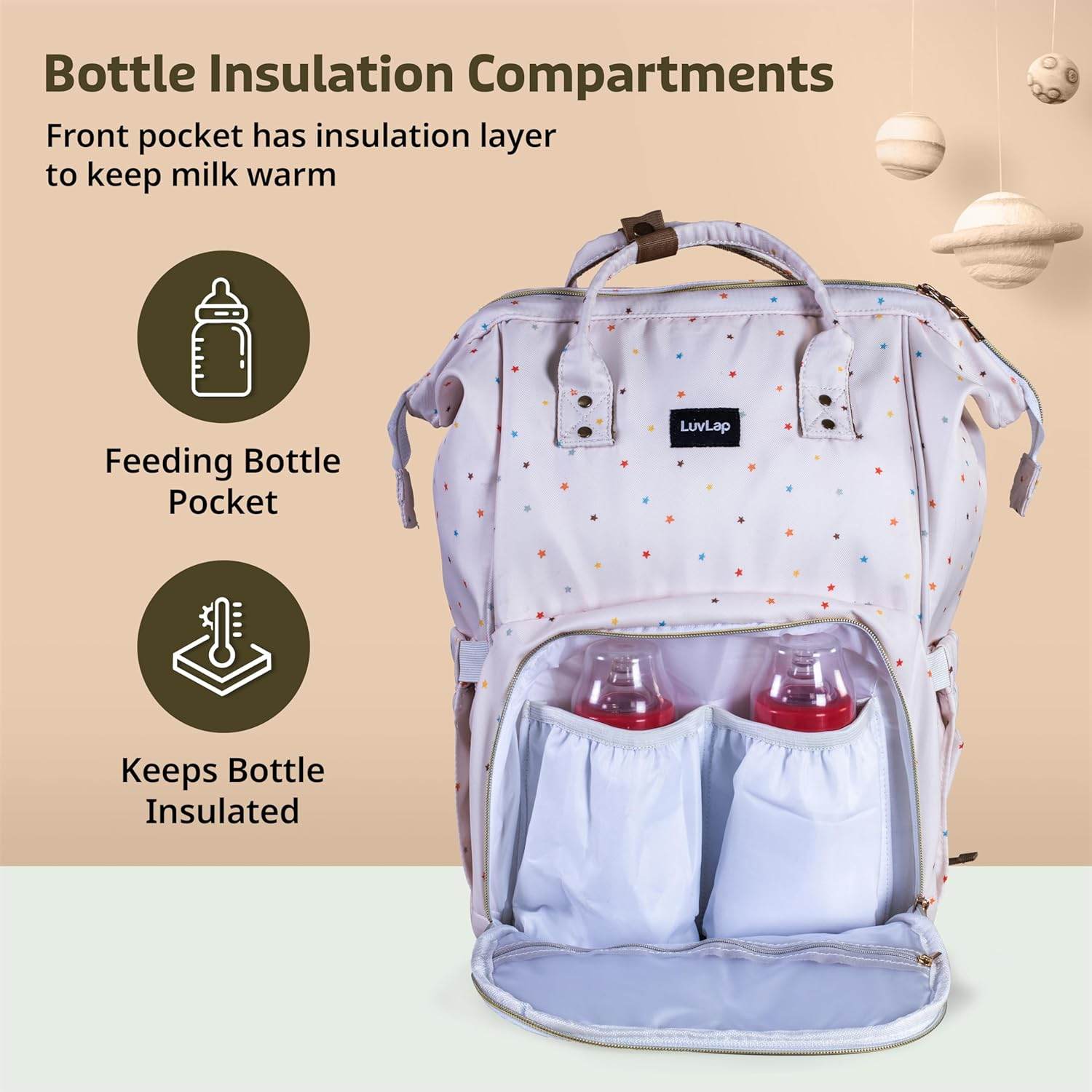 LuvLap Multifunctional Waterproof Diaper Bag-Backpack Cum Tote Bag/Travel Bag, Premium Oxford Waterproof Material, Large Storage Capacity With 15 Pockets, Off White Stars (All Over Print) - Timbuktoon