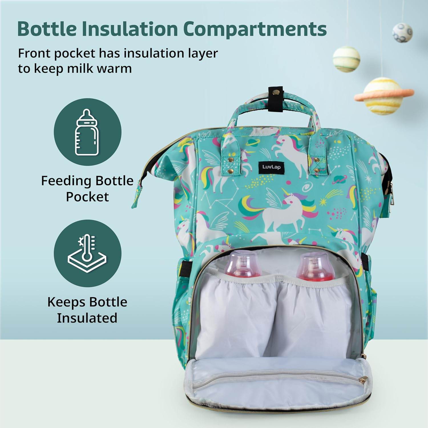 LuvLap Multifunctional Waterproof Diaper Bag for Mothers for Travel, Mother Travel Bag, Premium Oxford Waterproof Material, Large storage capacity with 15 pockets, Green Unicorn (all over print) - Timbuktoon
