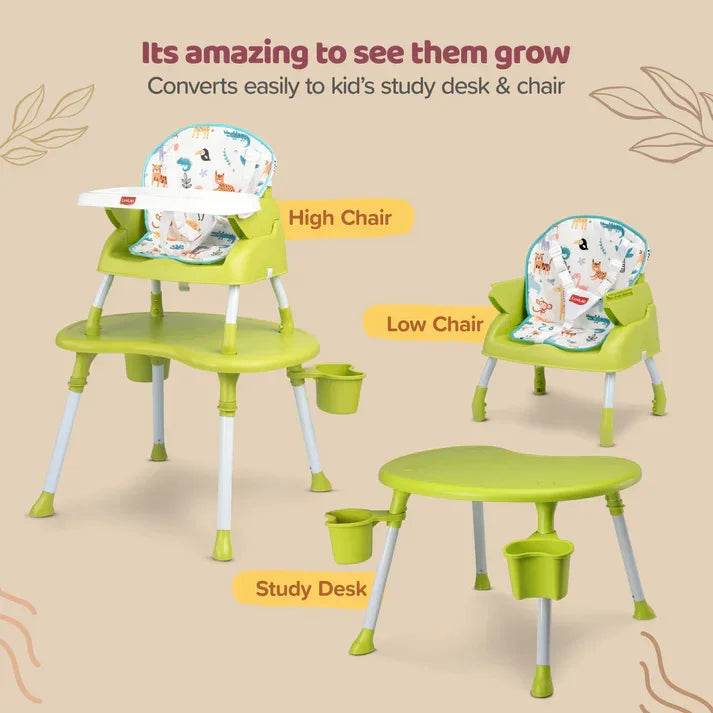 Multi-Stage Baby Chair – 4-in-1 High Chair, Low Seat, Booster & Table – Soft Print Cushion, Safety Straps, Removable Tray – Green, 6M+ - Timbuktoon