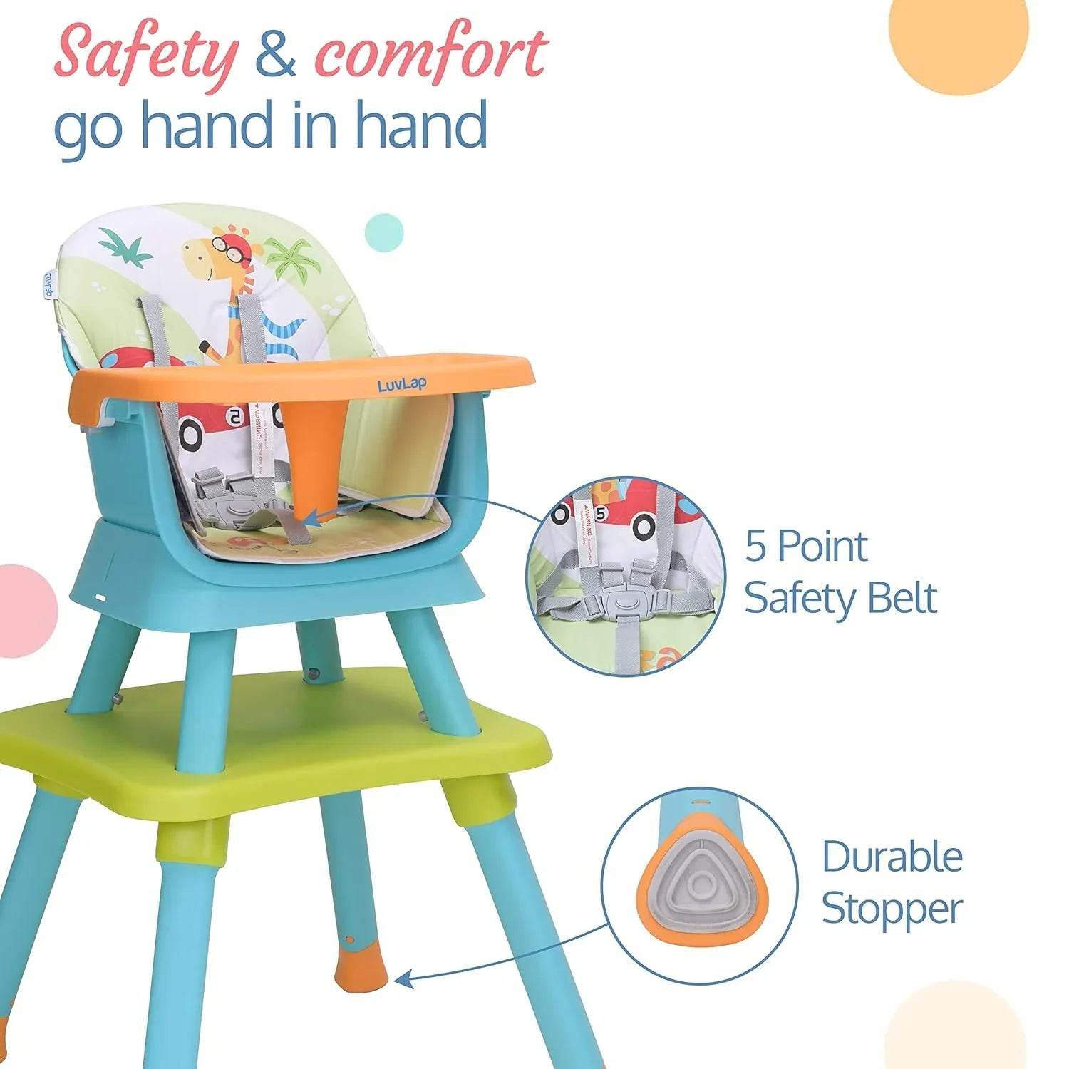 LuvLap Multifunctional 6-in-1 Baby High Chair – Booster, Toddler Seat, Table & Stool – Adjustable Design with 5-Point Safety Belt – 6 to 36 Months – Green/Blue - Timbuktoon