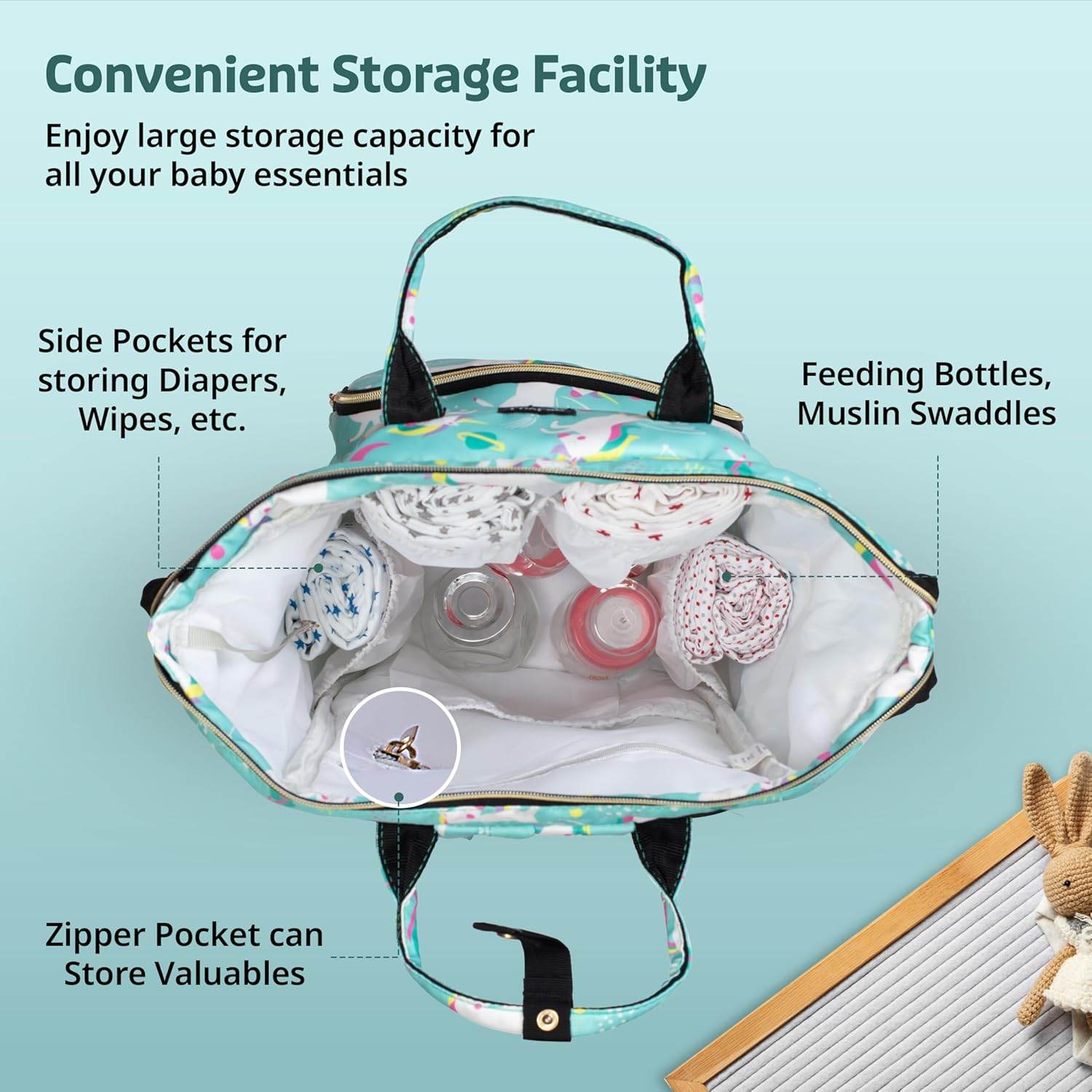 LuvLap Multifunctional Waterproof Diaper Bag for Mothers for Travel, Mother Travel Bag, Premium Oxford Waterproof Material, Large storage capacity with 15 pockets, Green Unicorn (all over print) - Timbuktoon