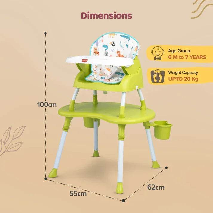 Multi-Stage Baby Chair – 4-in-1 High Chair, Low Seat, Booster & Table – Soft Print Cushion, Safety Straps, Removable Tray – Green, 6M+ - Timbuktoon