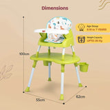 Multi-Stage Baby Chair – 4-in-1 High Chair, Low Seat, Booster & Table – Soft Print Cushion, Safety Straps, Removable Tray – Green, 6M+ - Timbuktoon