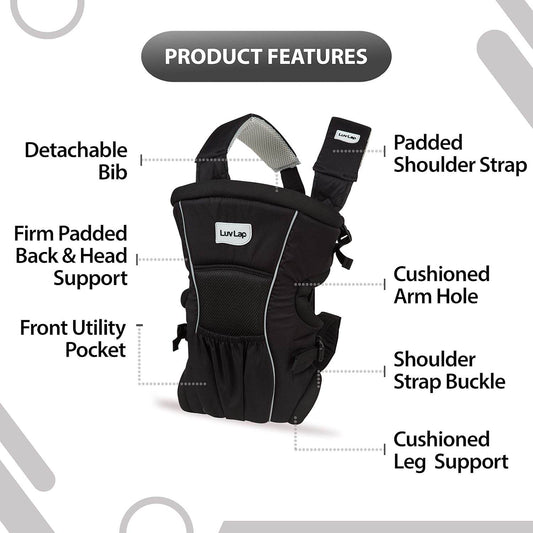 LuvLap Baby Carrier Blossom – Black Color Ergonomic & Comfortable Baby Carrying Solution for 0–15 Months - Timbuktoon