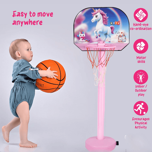 Unicorn Basketball Set for Kids | 5-Level Adjustable Height with Stand & Ball Indoor & Outdoor Sports Toy for Ages 2+ | Easy Setup | Ideal Birthday Gift - Timbuktoon